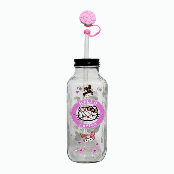 Hello Kitty Glass Bottle Iced Coffee Cup 16oz Pink Black Mexican Concha Design - Picture 2 of 7
